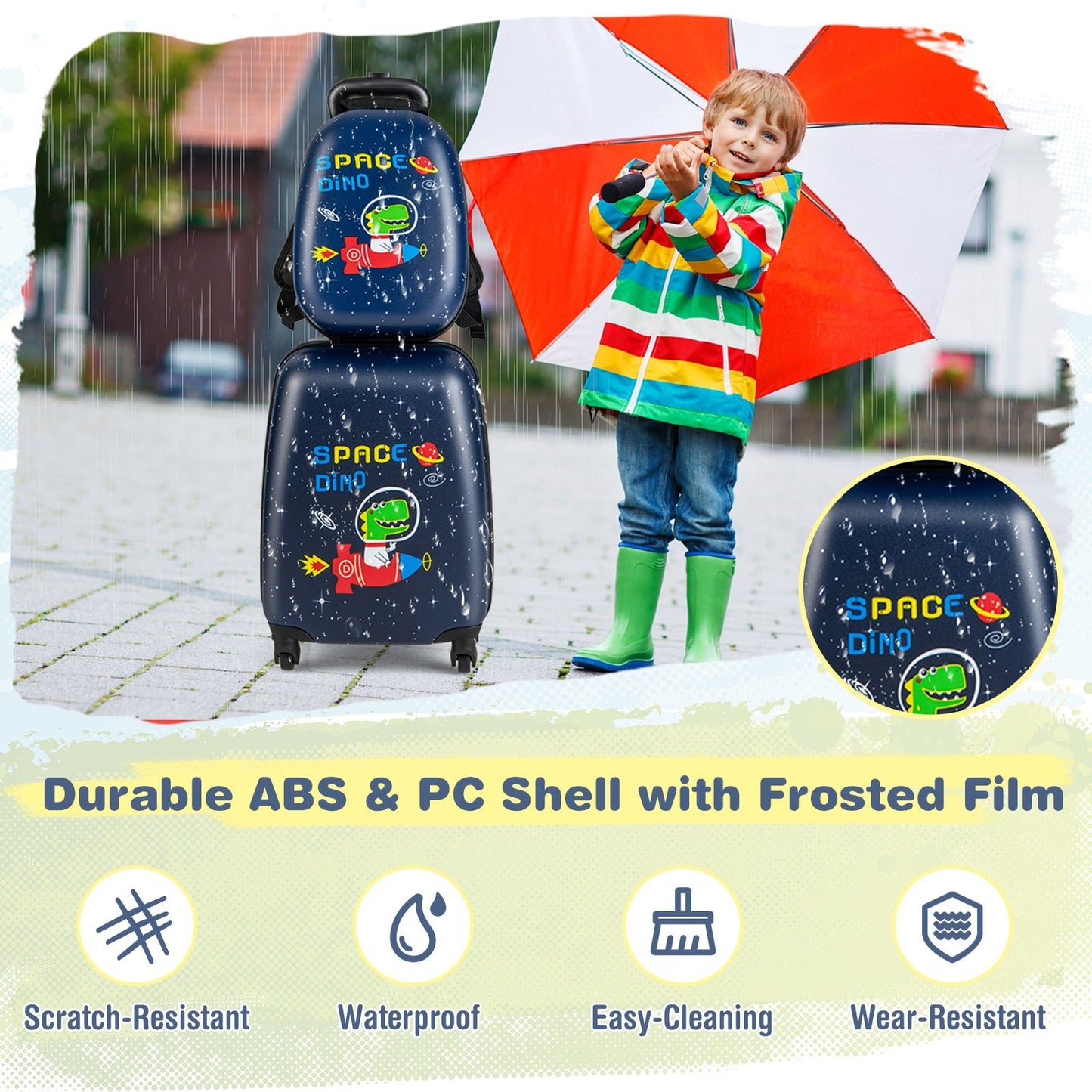 2 Piece Kids Luggage Set with Wheels and Height Adjustable Handle - Space Dino