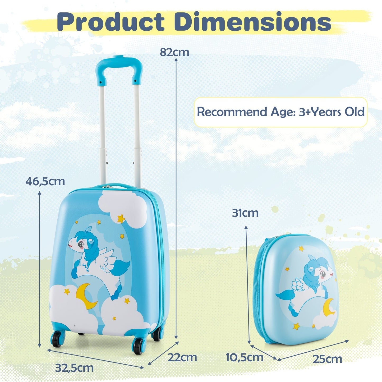 2 Piece Kids Luggage Set with Wheels and Height Adjustable Handle - Light Blue