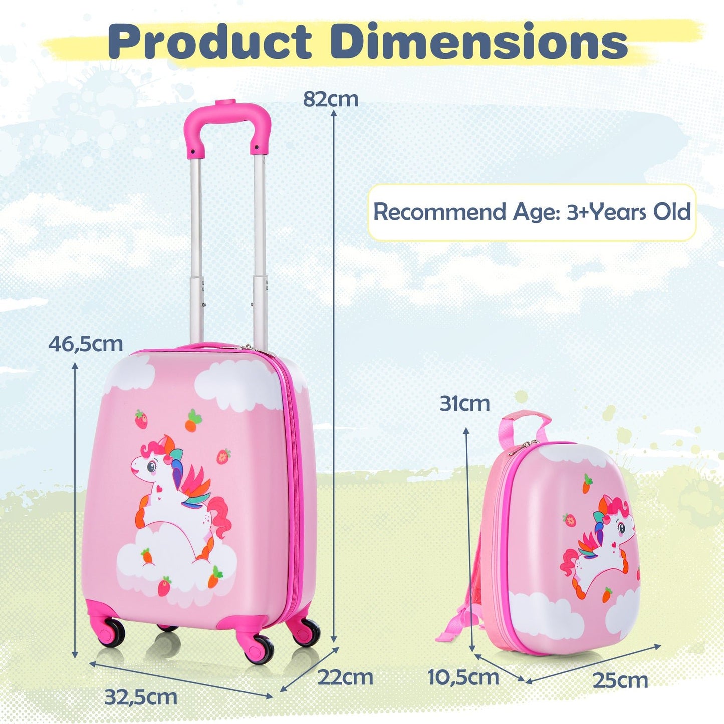 2 Piece Kids Luggage Set with Wheels and Height Adjustable Handle - Cream Pink