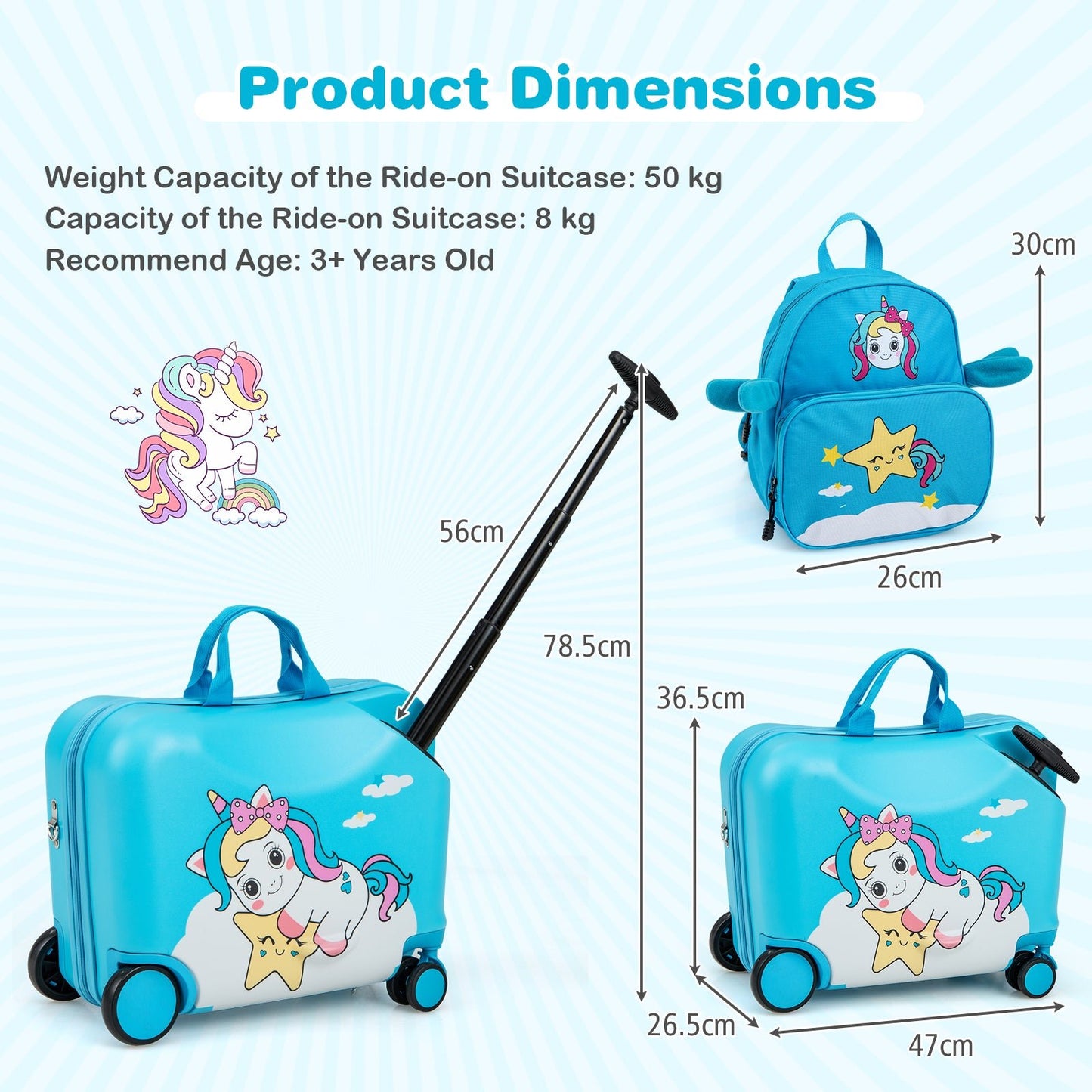 2 Piece Kids Luggage Set with Spinner Wheels and Anti-Lose Rope-Blue