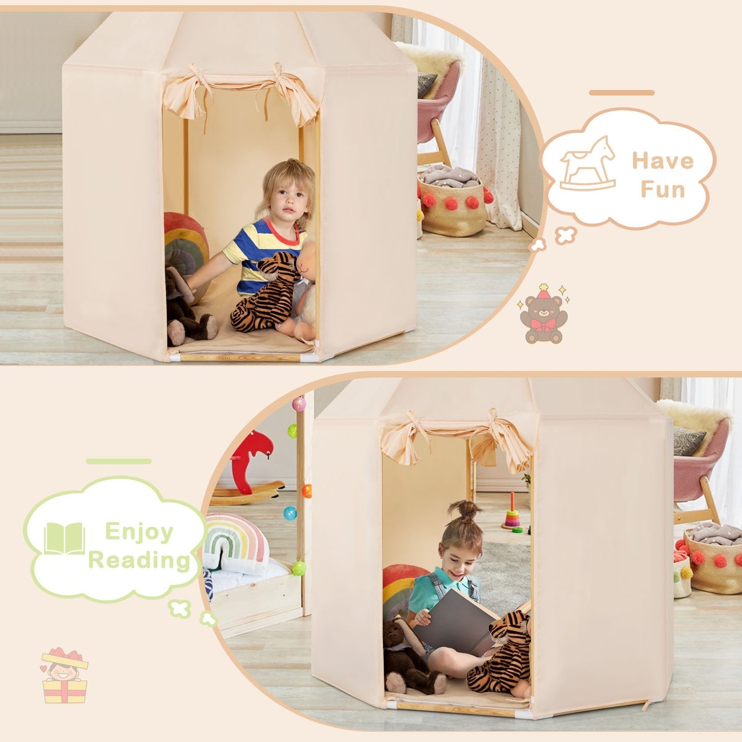 Kids Play Tent with 2 Doors Design and Washable Mat-Beige