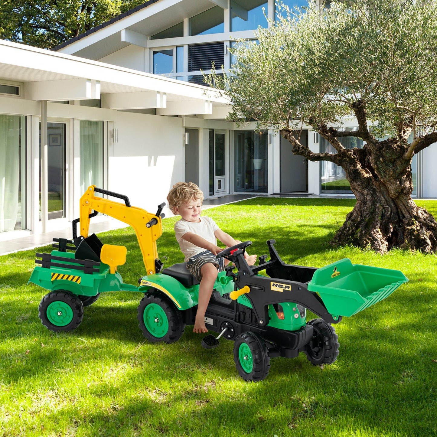 3-in-1 Kids Ride On Pedal Excavator with Detachable Trailer-Green