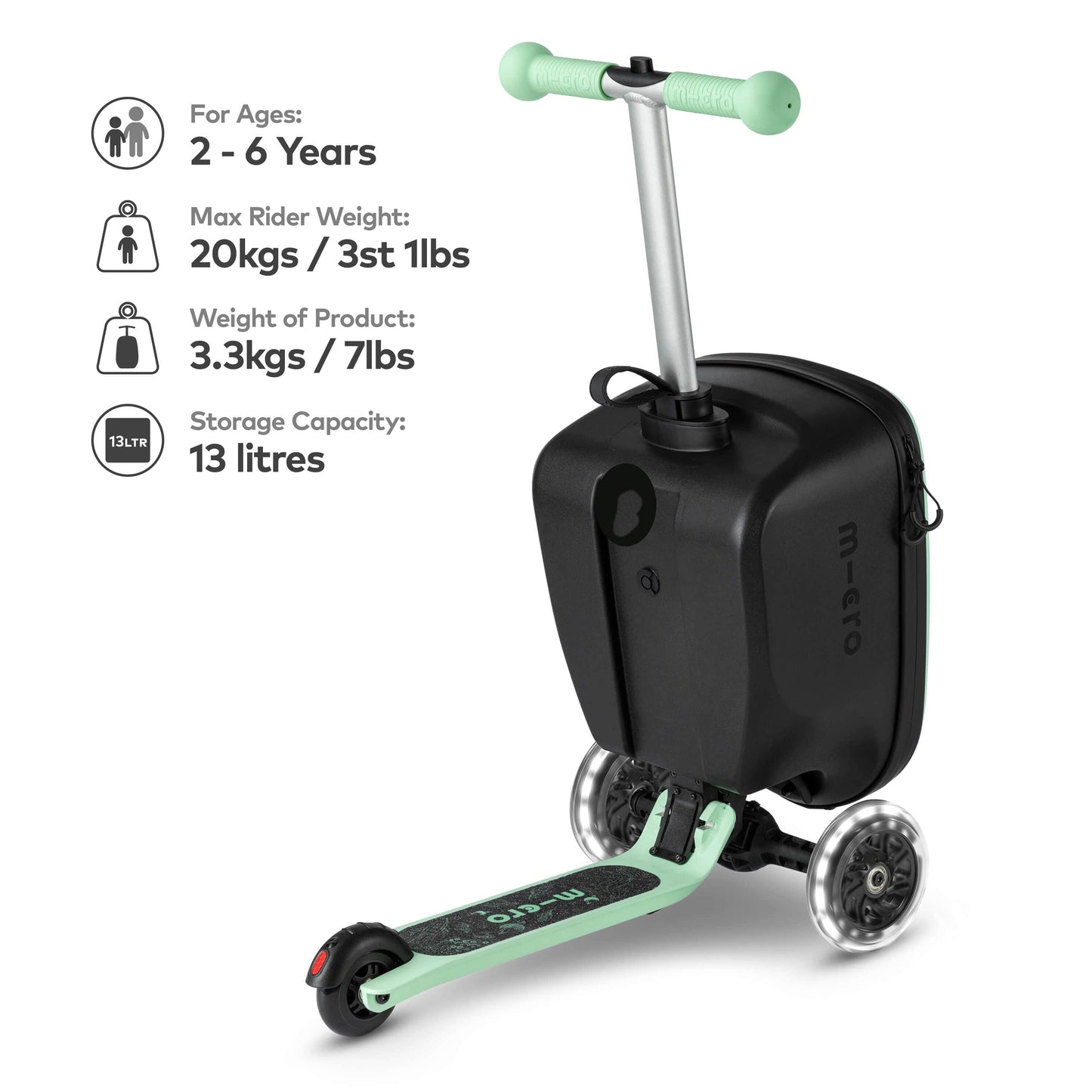 Micro Scooter Mini Mint Luggage Scooter size and weight guide