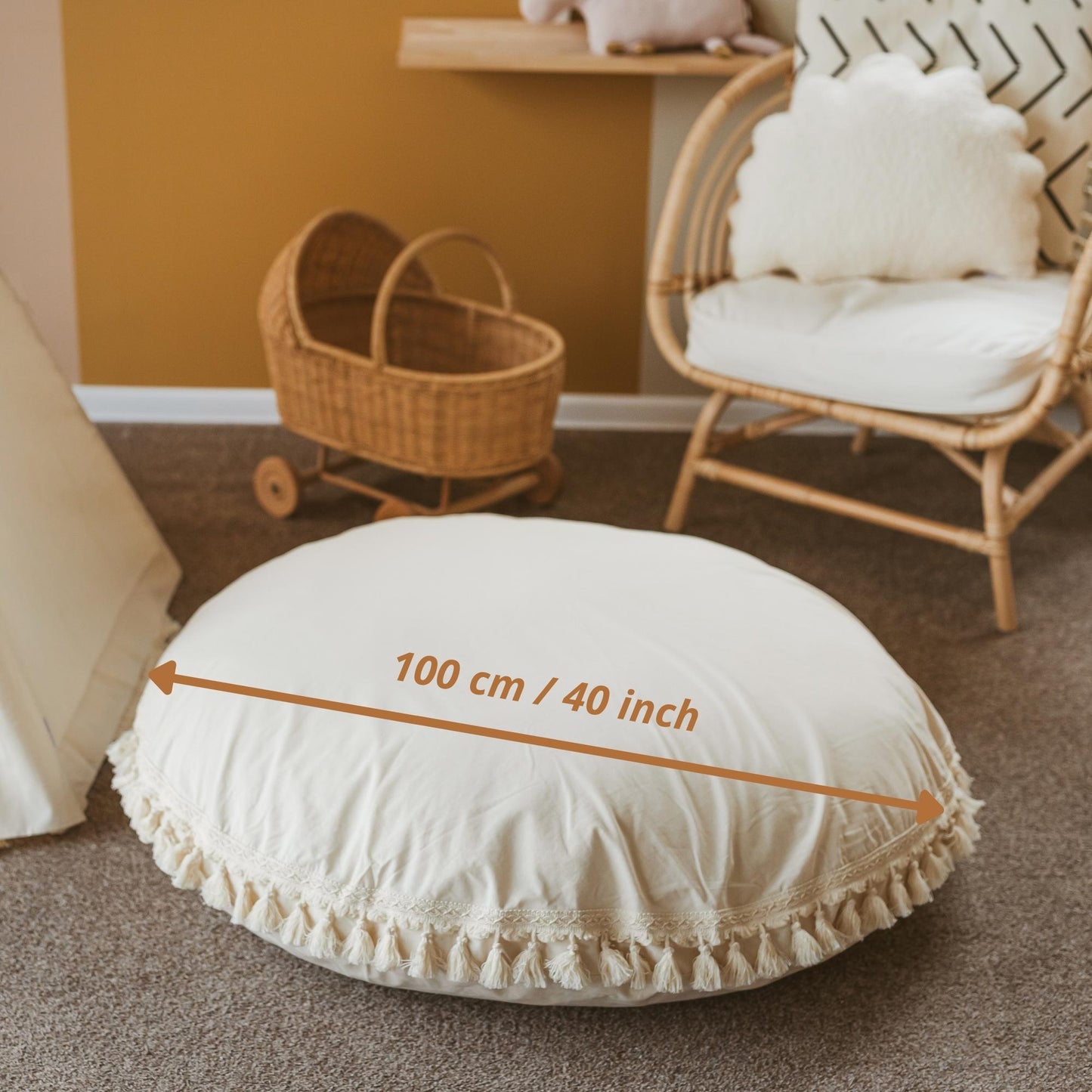 MINICAMP Large Floor Cushion with Tassels in Ecru