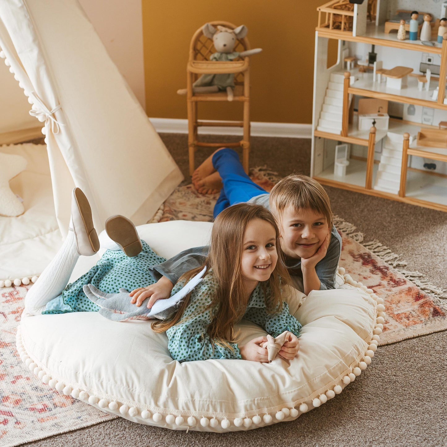 MINICAMP Large Floor Cushion with Pom Poms in Ecru
