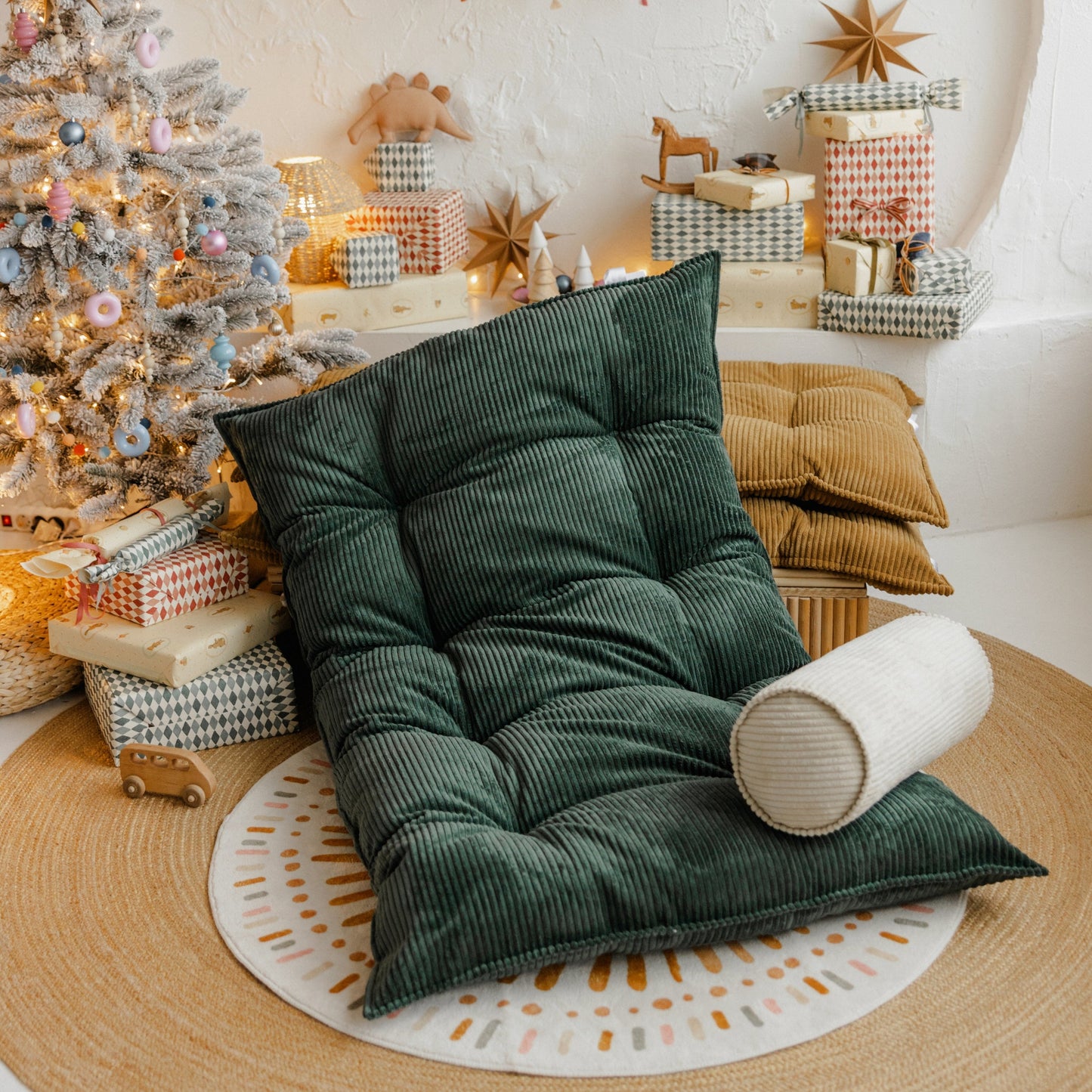 MINICAMP Tufted Corduroy Floor Cushion, French Style Pillow in Petrol Green
