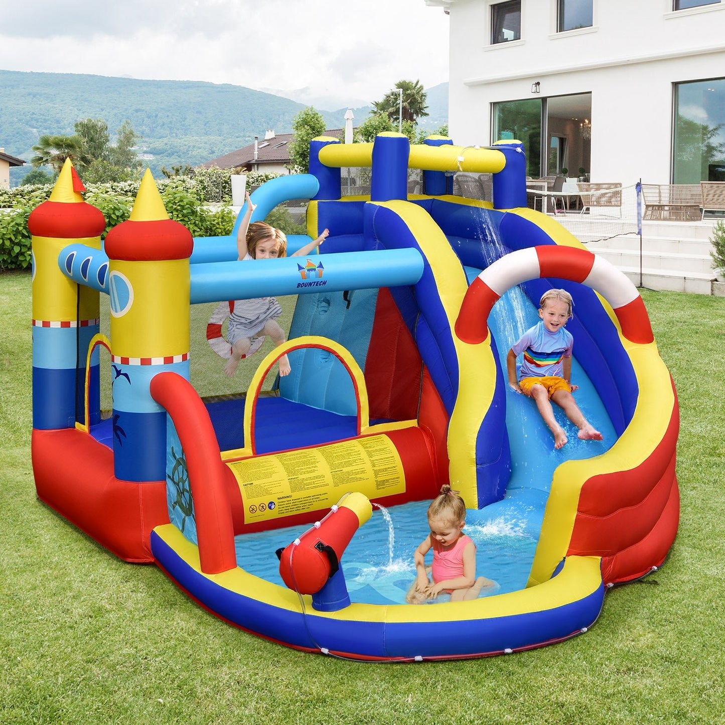 6-in-1 Inflatable Bouncy Castle With Water Park & Curved Slide