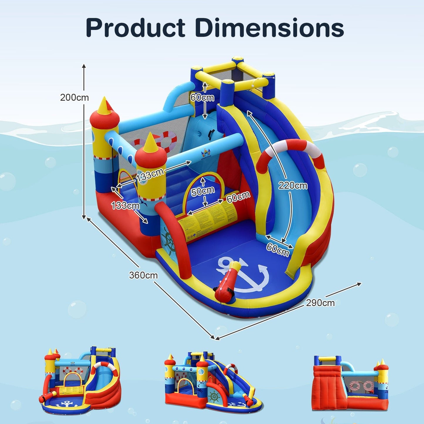 6-in-1 Inflatable Bouncy Castle With Water Park & Curved Slide