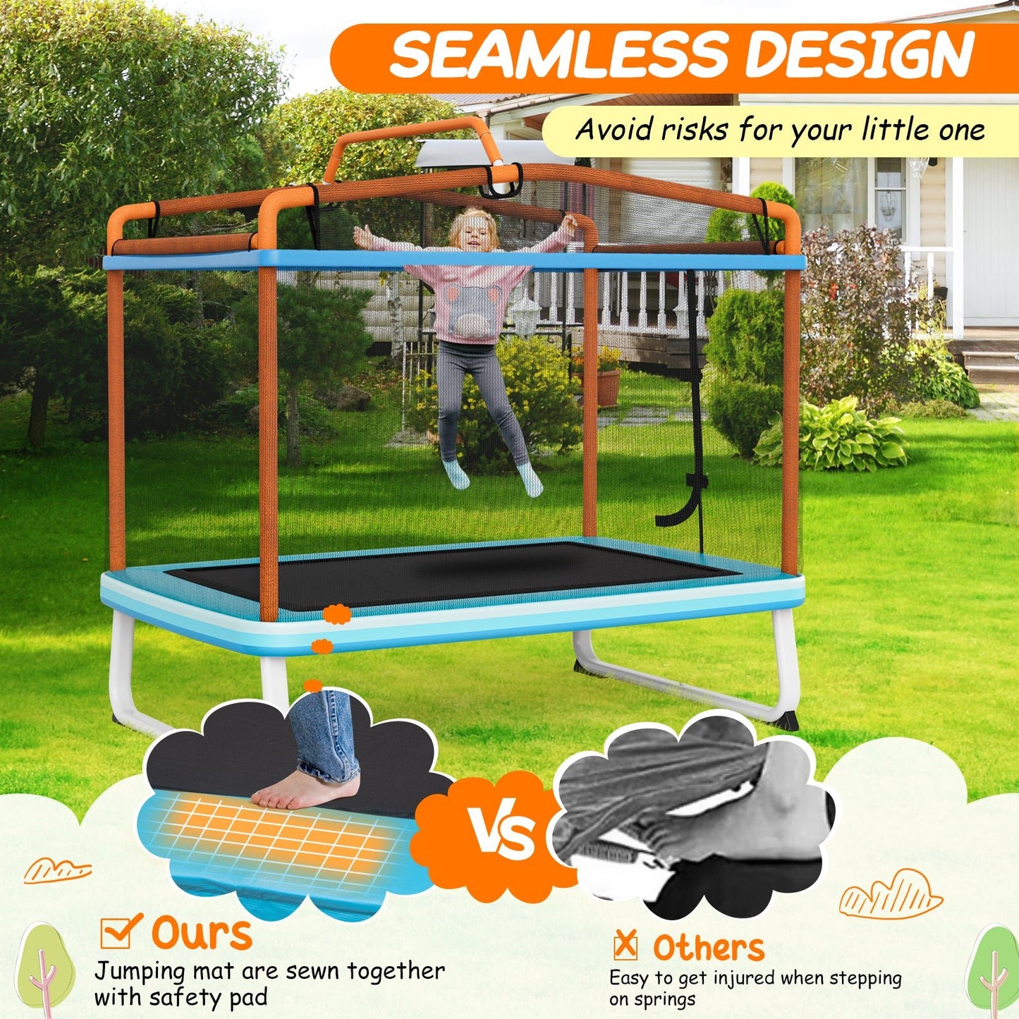 190CM 3-in-1 Kids Rectangle Trampoline with Enclosure Net and Horizontal Bar-Orange