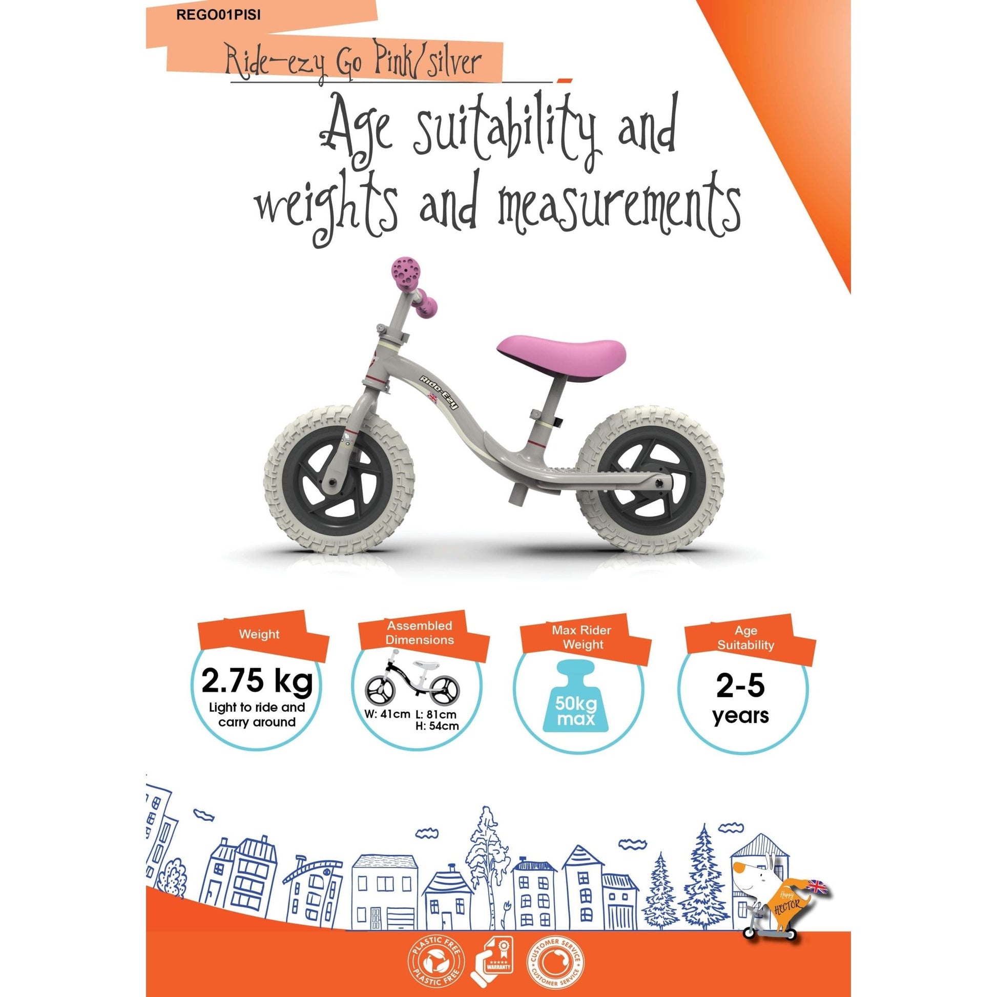 Ride-Ezy Go Balance Bike - Pink & Silver age and weight suitability