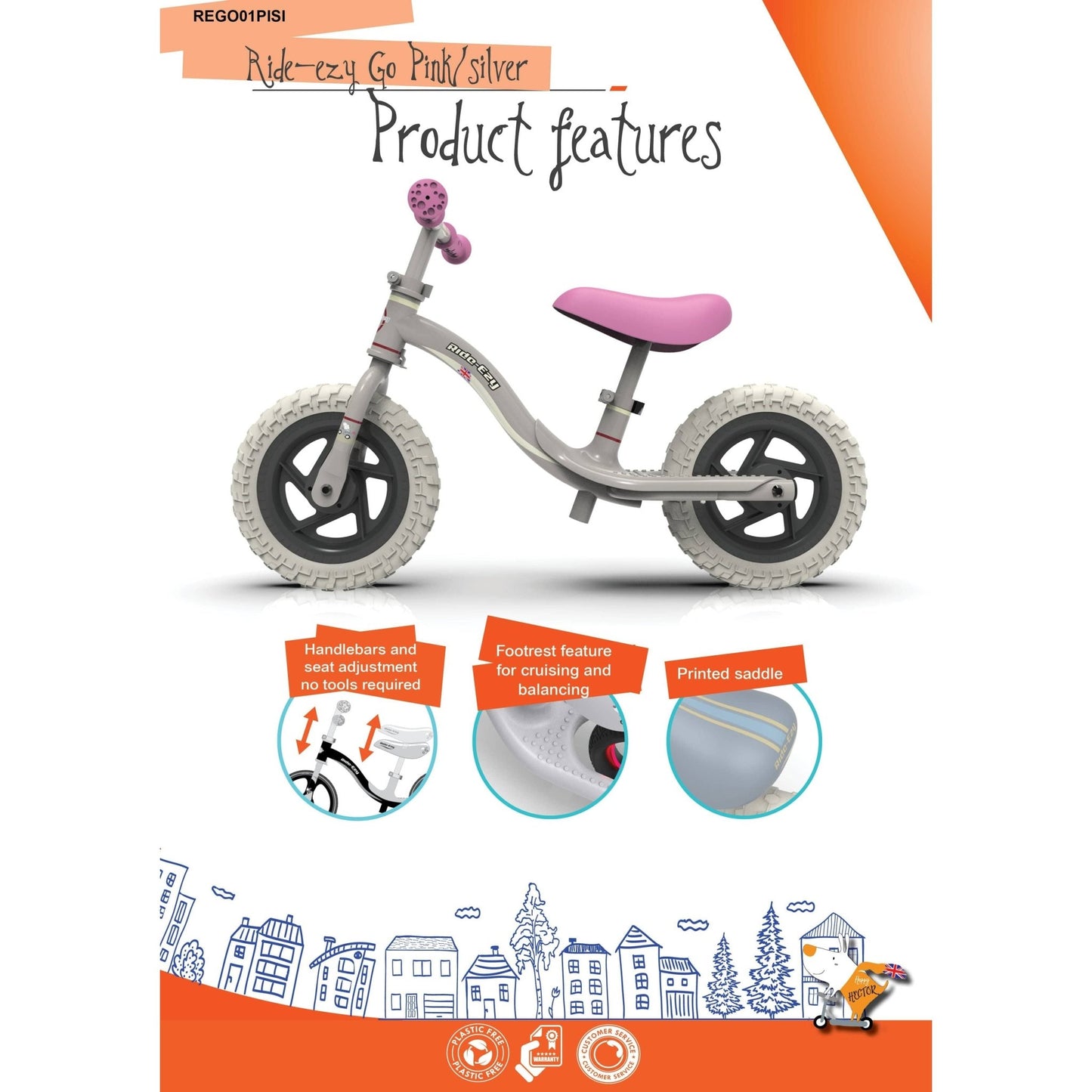 Ride-Ezy Go Balance Bike - Pink & Silver features diagram