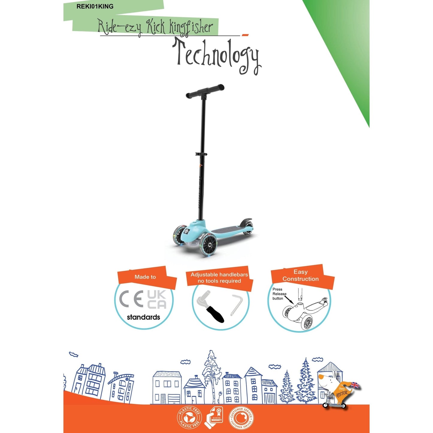 Ride-Ezy Kick Scooter - Kingfisher fetaures information