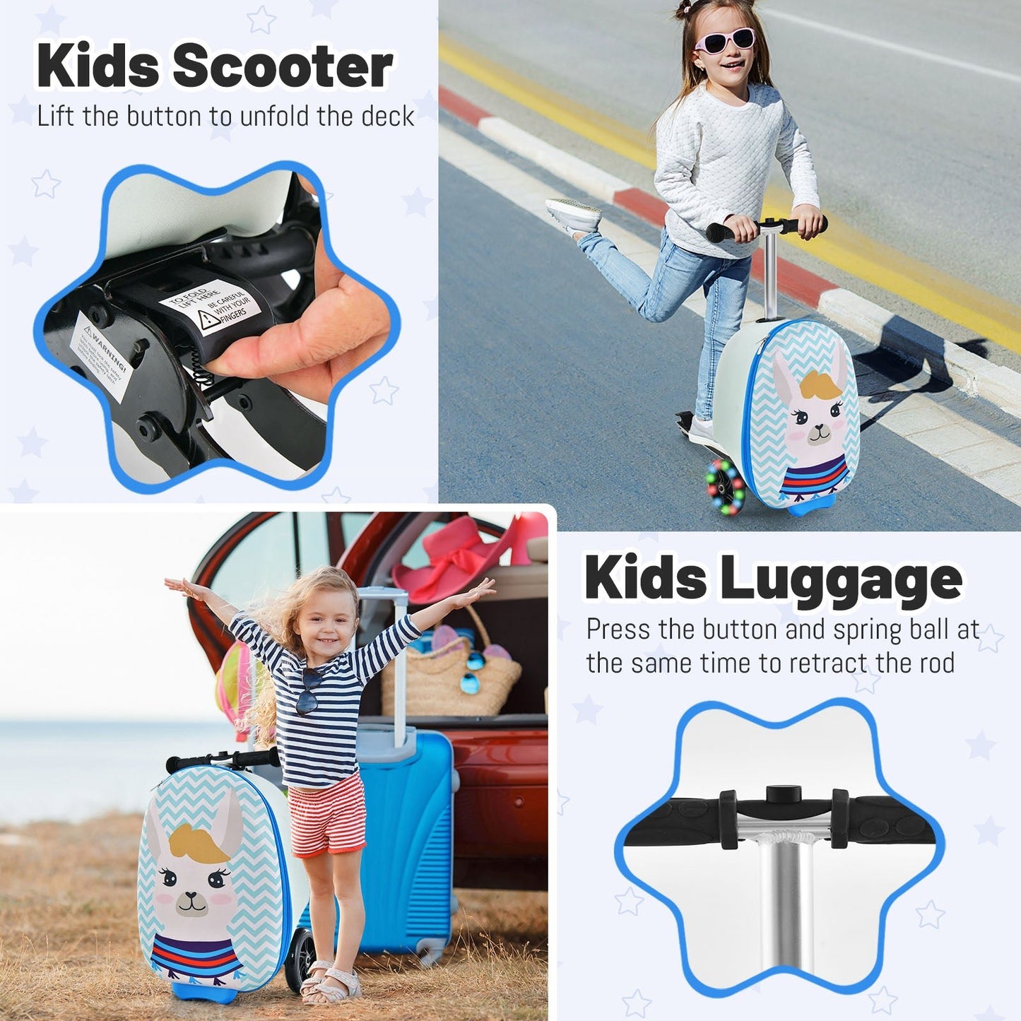 2-in-1 Folding Kids Scooter with Suitcase and 3 Color Lighted Wheels-Light Blue Llama