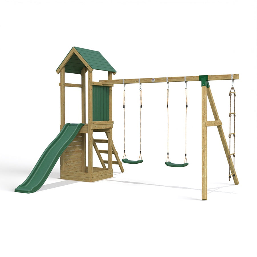Little Rascals Wooden Climbing Frame & Triple Swing Set with 2 Swing Seats & Rope Ladder.