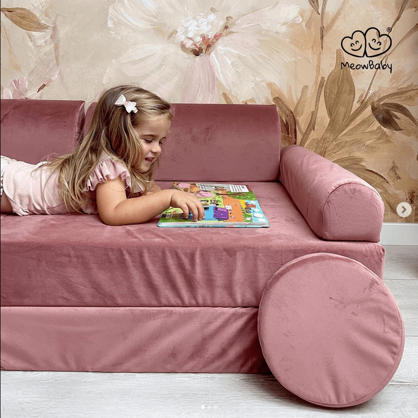Velvet Childrens Soft Play Sofa & Fold Out Bed - Pink