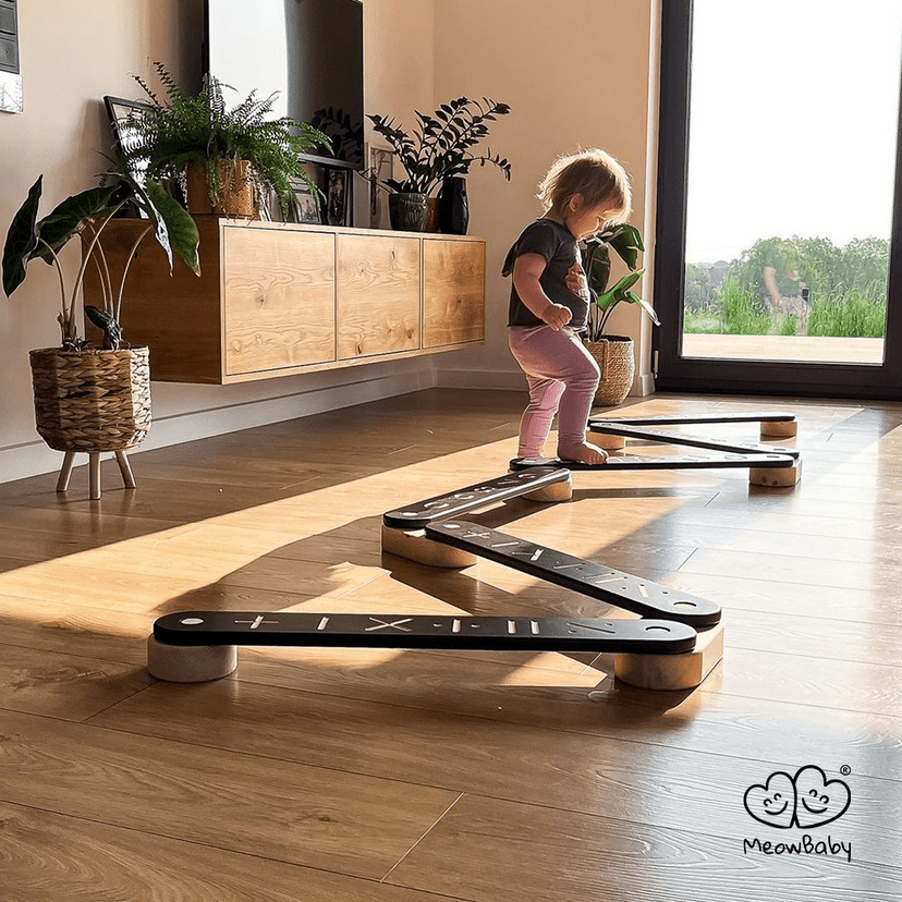 child with Wooden Balance Beam - 6 Piece Set in natural wood with numbers