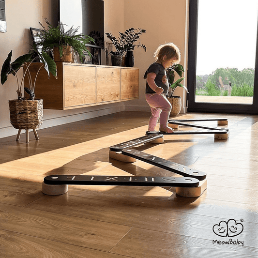 child with Wooden Balance Beam - 6 Piece Set in natural wood with numbers