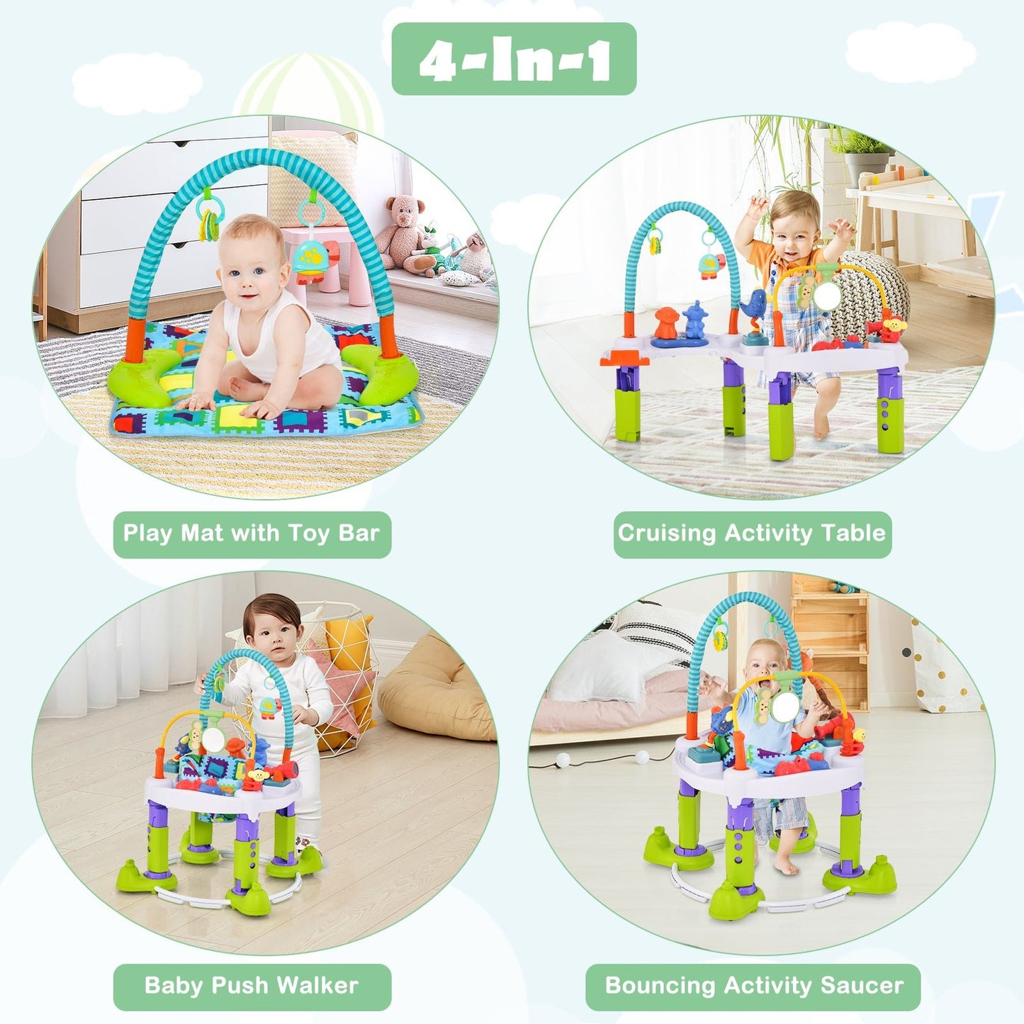 4-in-1 Baby Bouncer Activity Center with 3 Adjustable Heights-Green - The Online Toy Shop - 3 - Costway