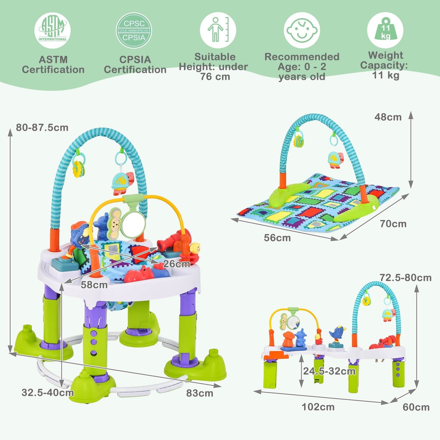 4-in-1 Baby Bouncer Activity Center with 3 Adjustable Heights-Green - The Online Toy Shop - 4 - Costway