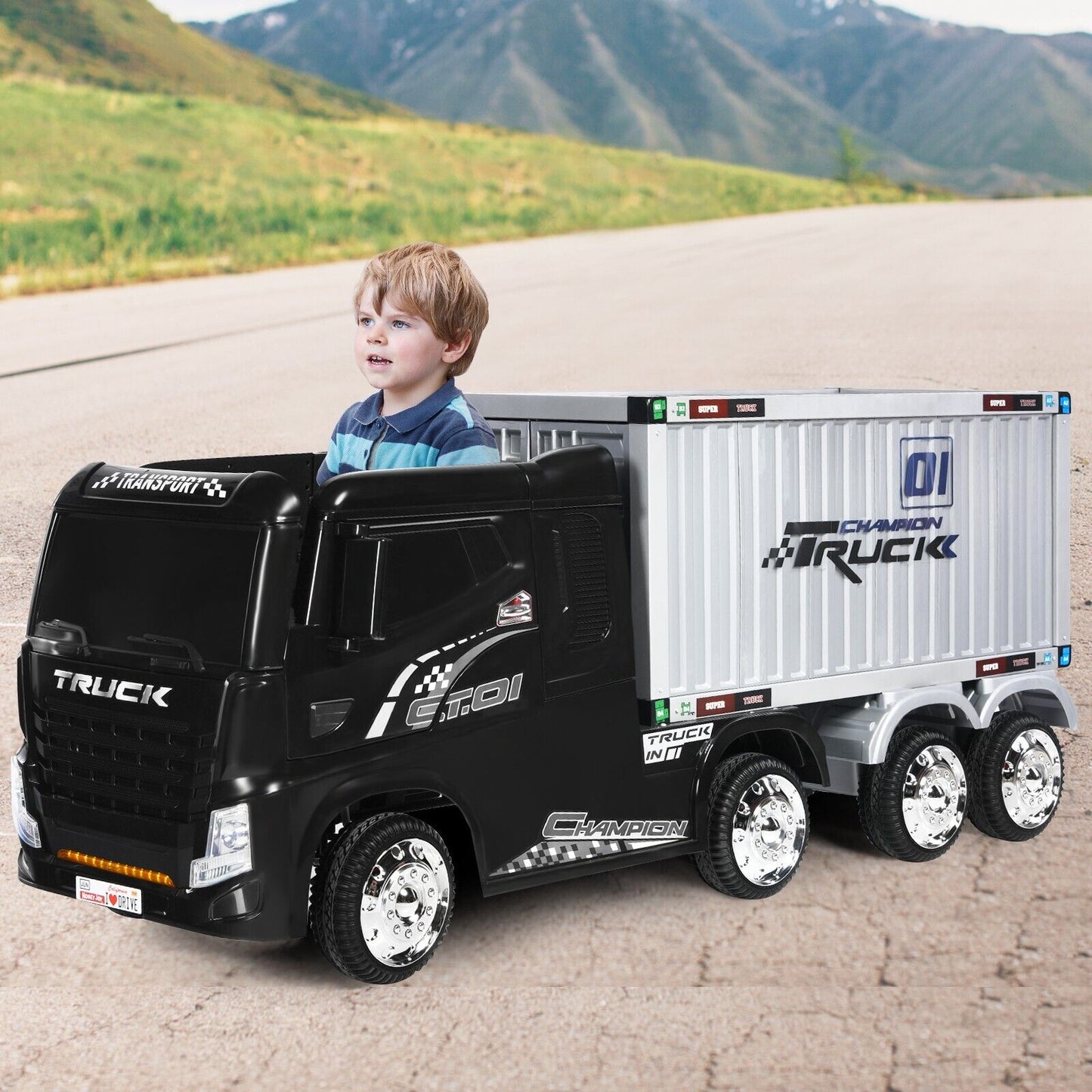 12V Ride-On Semi-Truck with Container for Kids of 3-8 Year Old-Black