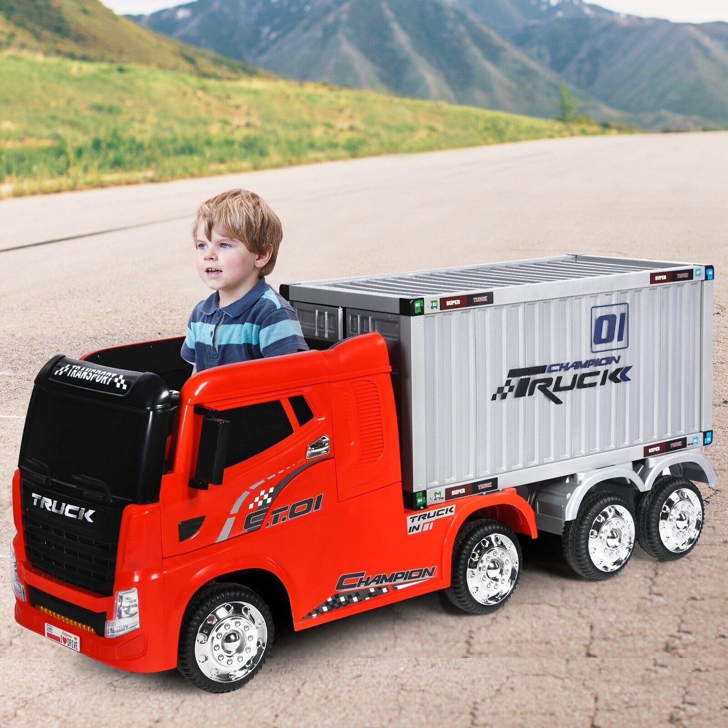 12V Ride-On Semi-Truck with Container for Kids of 3-8 Year Old-Red