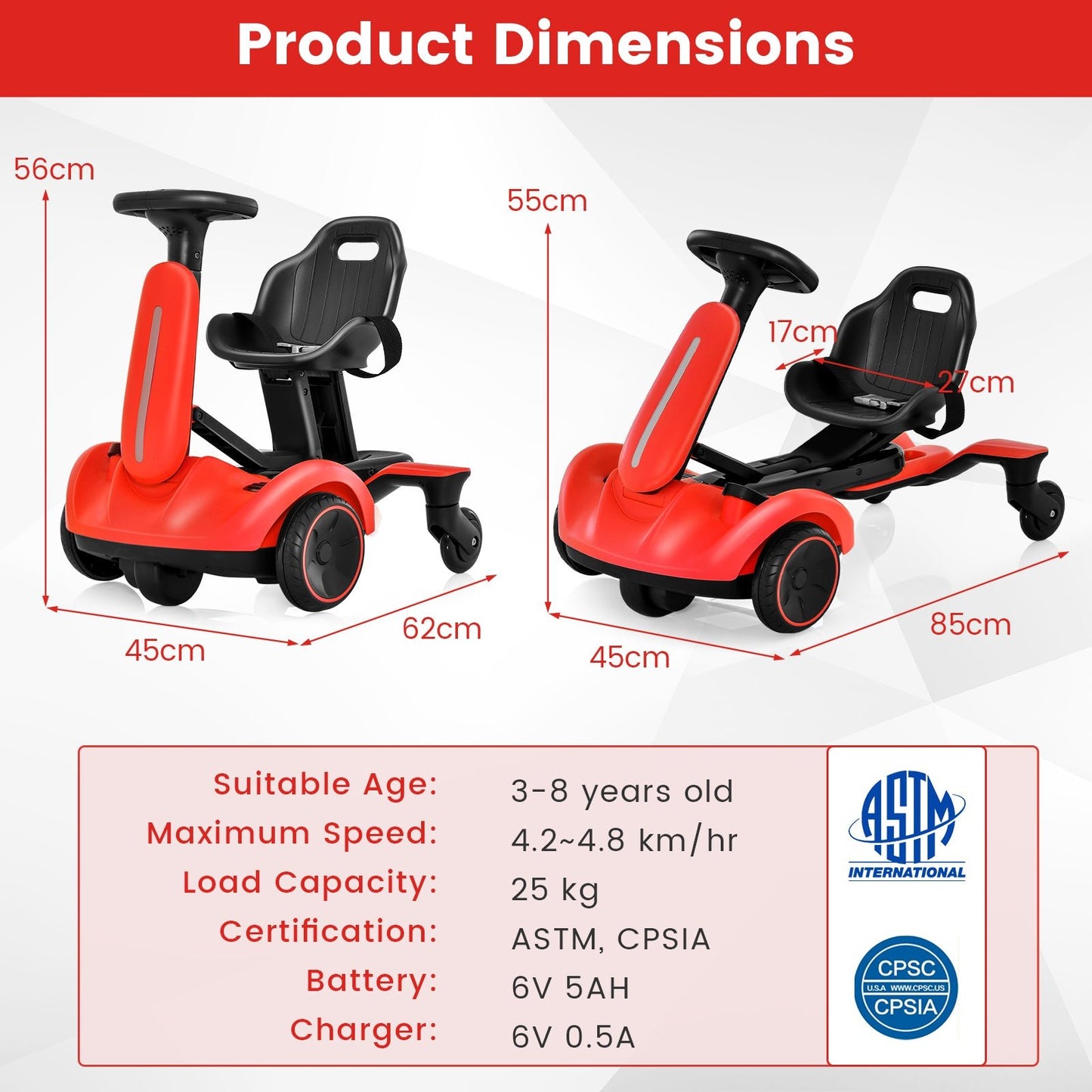 6V Electric Ride on Drift Car for Kids Aged 3-8 Years Old-Red