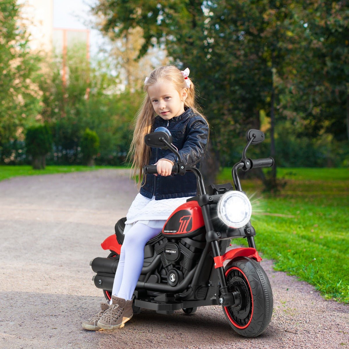 Battery Powered Motorbike with Training Wheels and Threaded Tires for Toddlers-Red