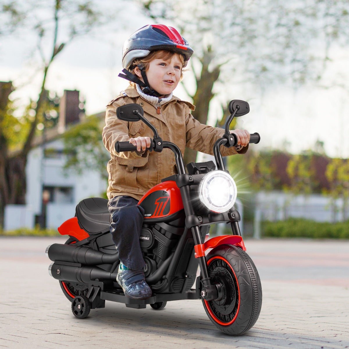 Battery Powered Motorbike with Training Wheels and Threaded Tires for Toddlers-Red