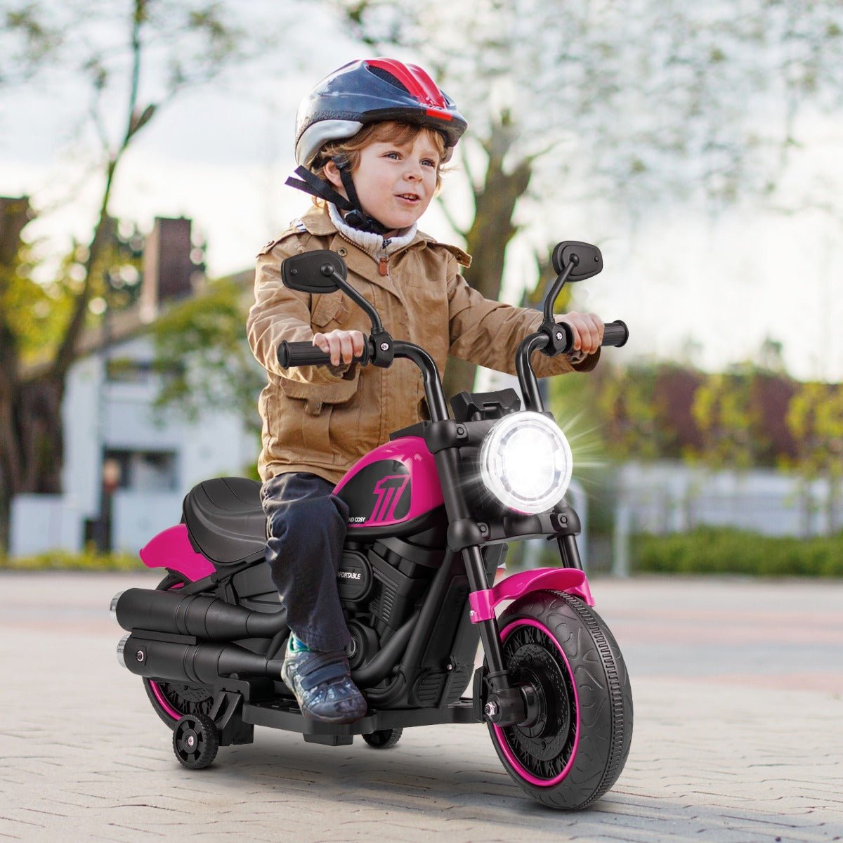 Battery Powered Motorbike with Training Wheels and Threaded Tires for