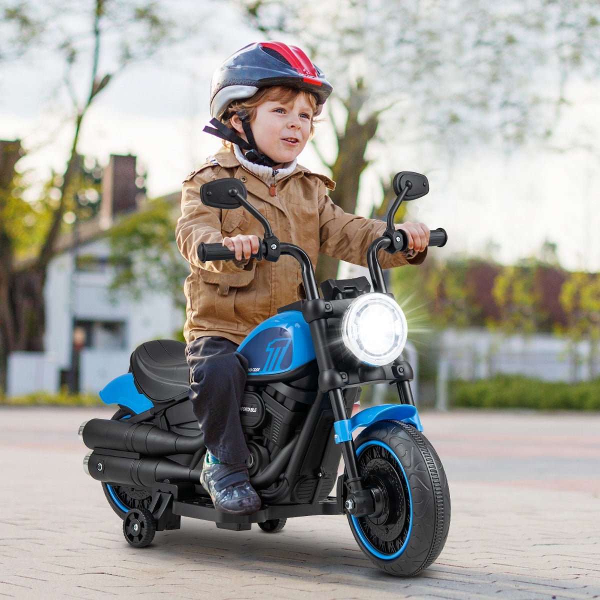 Battery Powered Motorbike with Training Wheels and Threaded Tires for Toddlers-Navy