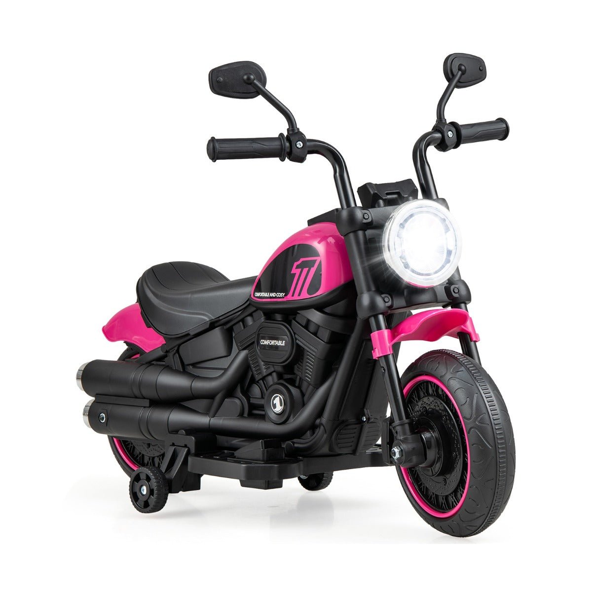 Battery Powered Motorbike with Training Wheels and Threaded Tires for Toddlers Pink