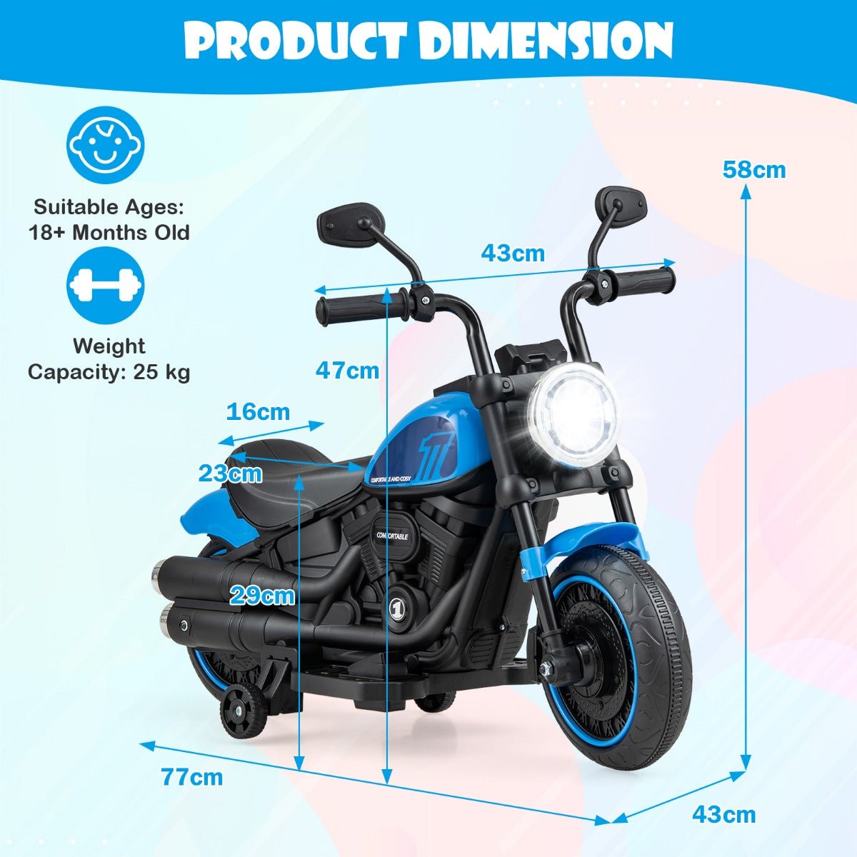 Battery Powered Motorbike with Training Wheels and Threaded Tires for Toddlers-Navy