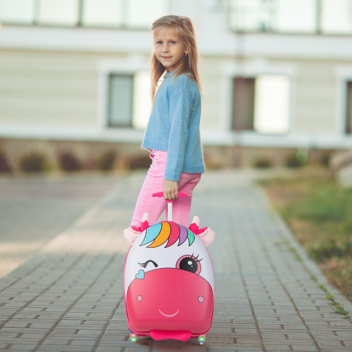 16 Inch Kids Luggage with Light-up Wheels and Telescopic Handle-Pink Horse