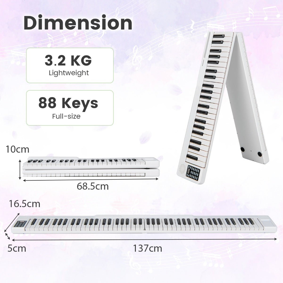 Foldable 88-Key Digital Piano for Beginners, Kids, Adults-White