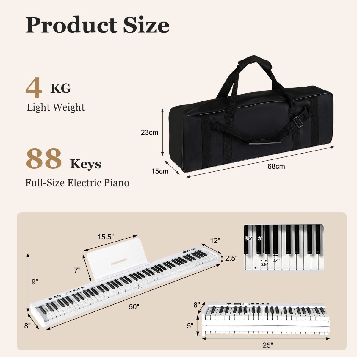 88-Key Folding Electric Piano Keyboard with Full-Size Lighted Key-White