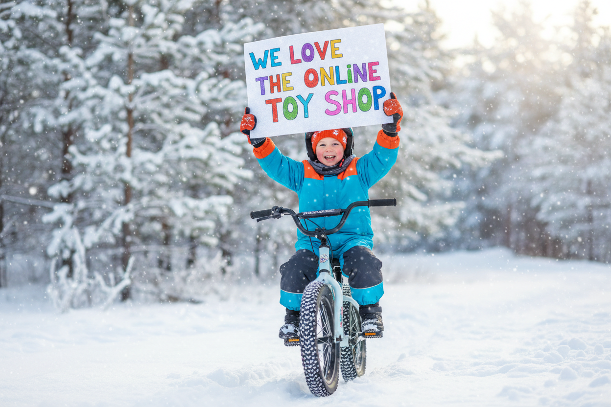 Happy childing riding a bike through the snow with a sign saying We Love The Online Toy Shop