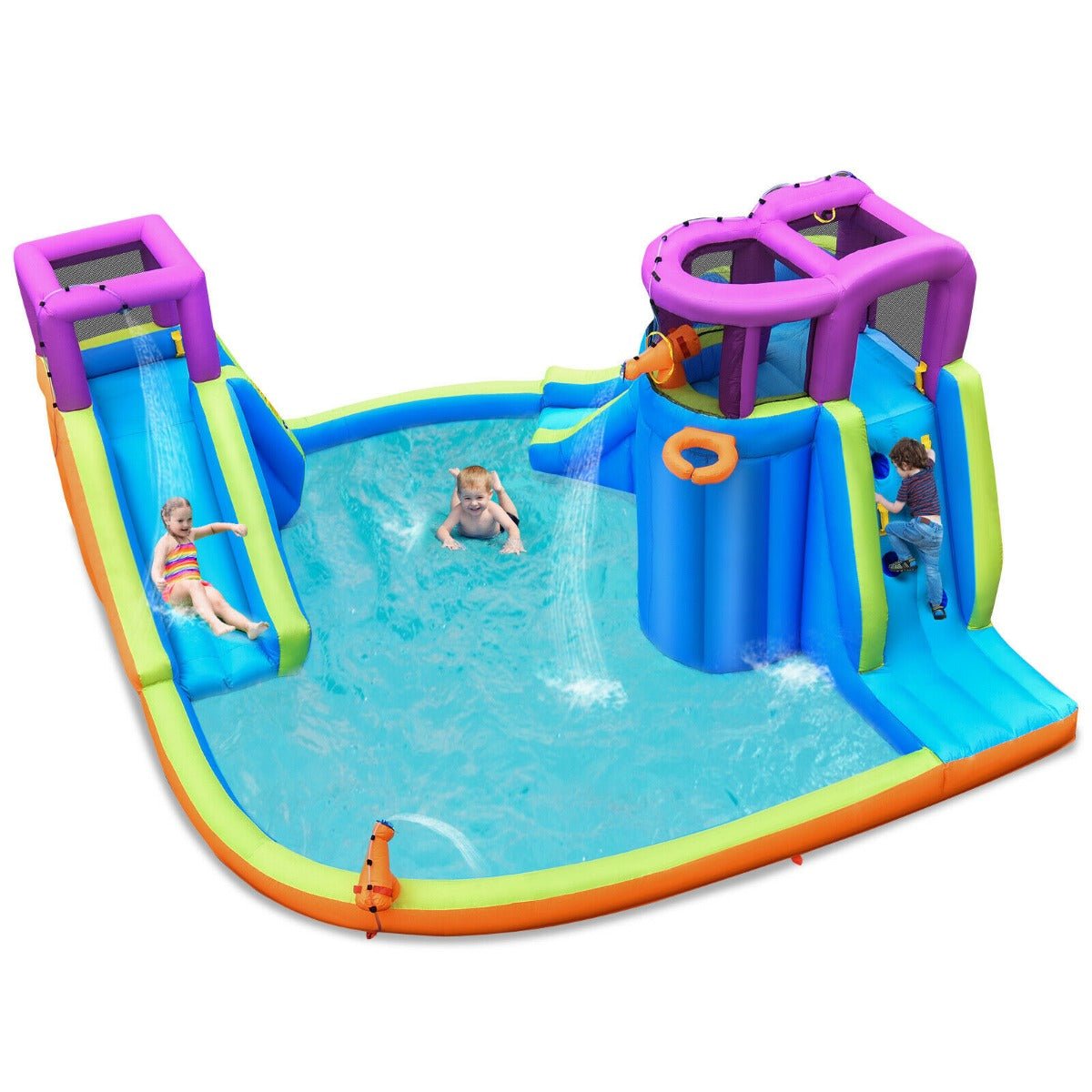 Kids Inflatable Bouncy Castle with Double Slides Water Guns and Basketball Hoop