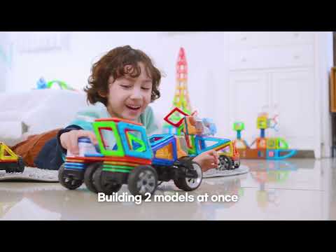 video of boy playing with Magformers Construction Toy Racer 42 Piece Set