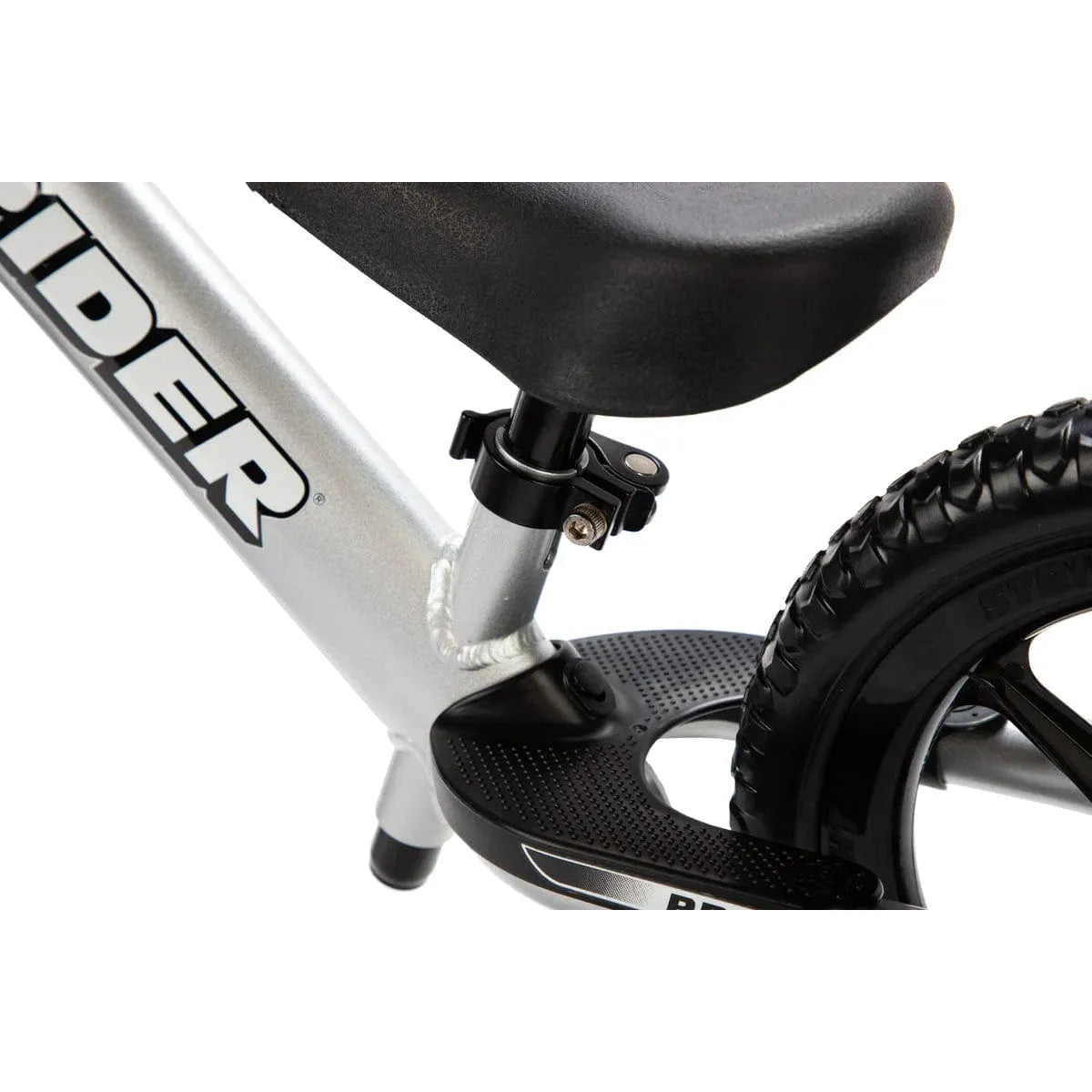 Strider Pro 12 inch Balance Bike - Silver footrest close up