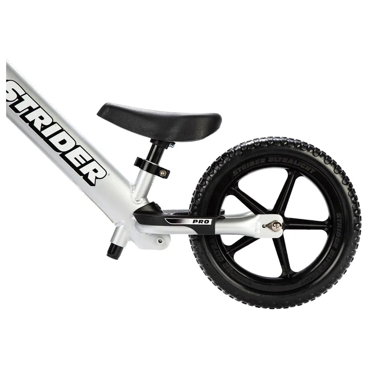 Strider Pro 12 inch Balance Bike - Silver rear wheel close up