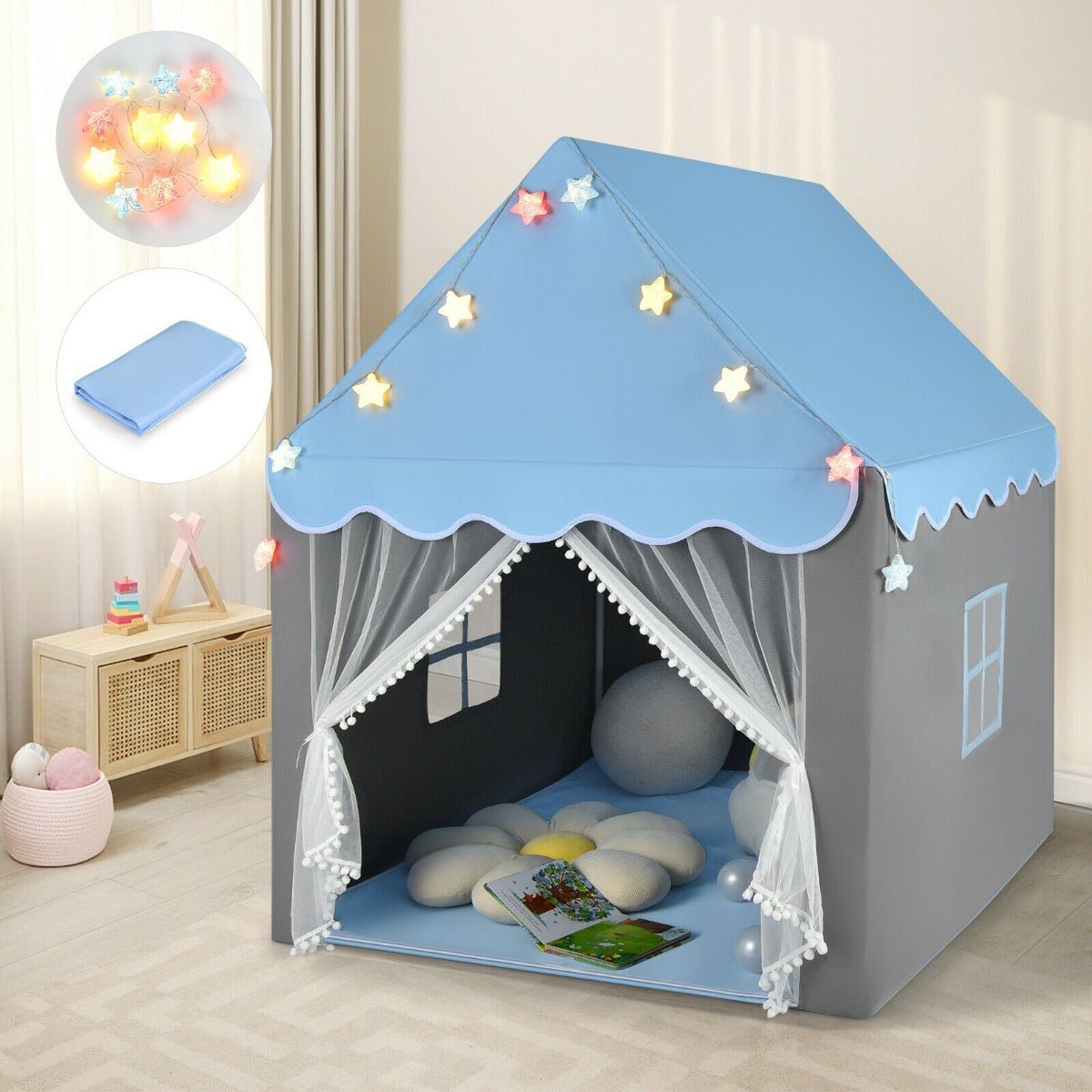 Large Kids Play House with Washable Mat and Star Lights-Blue