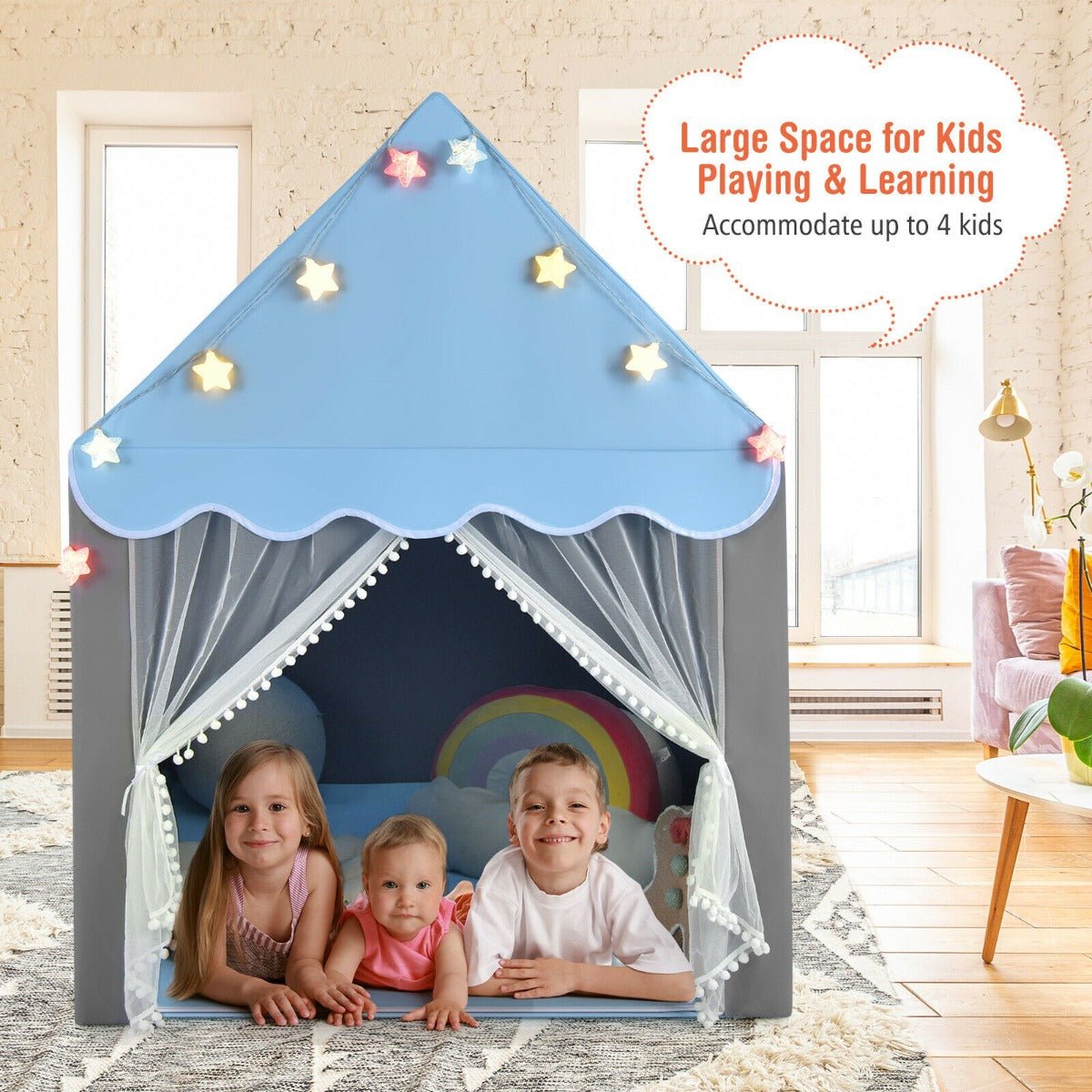 Large Kids Play House with Washable Mat and Star Lights-Blue