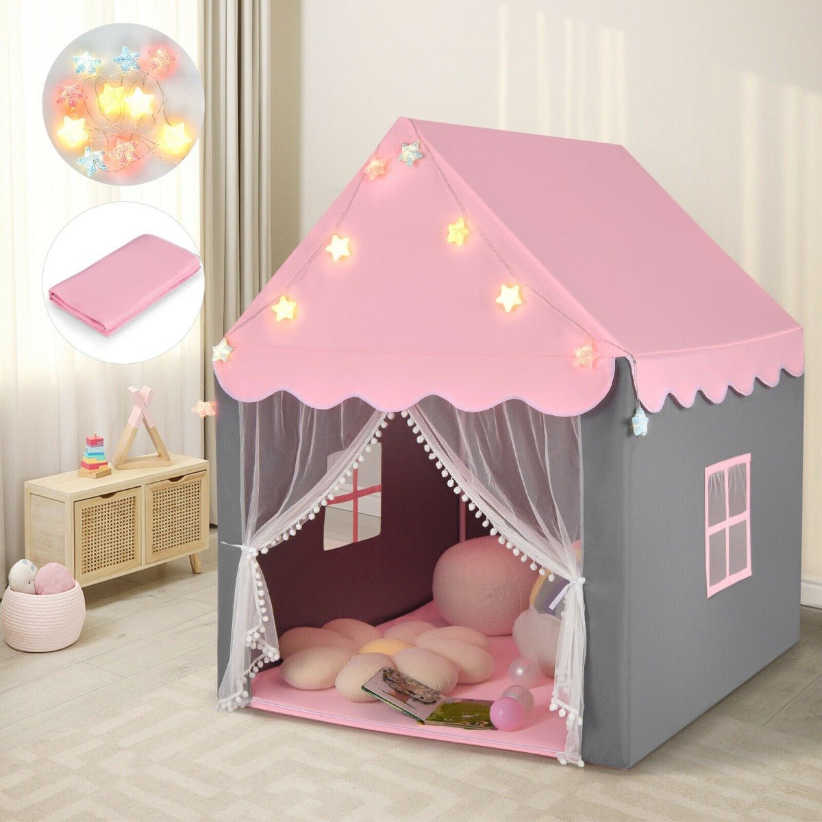 Large Kids Play House with Washable Mat and Star Lights-Pink