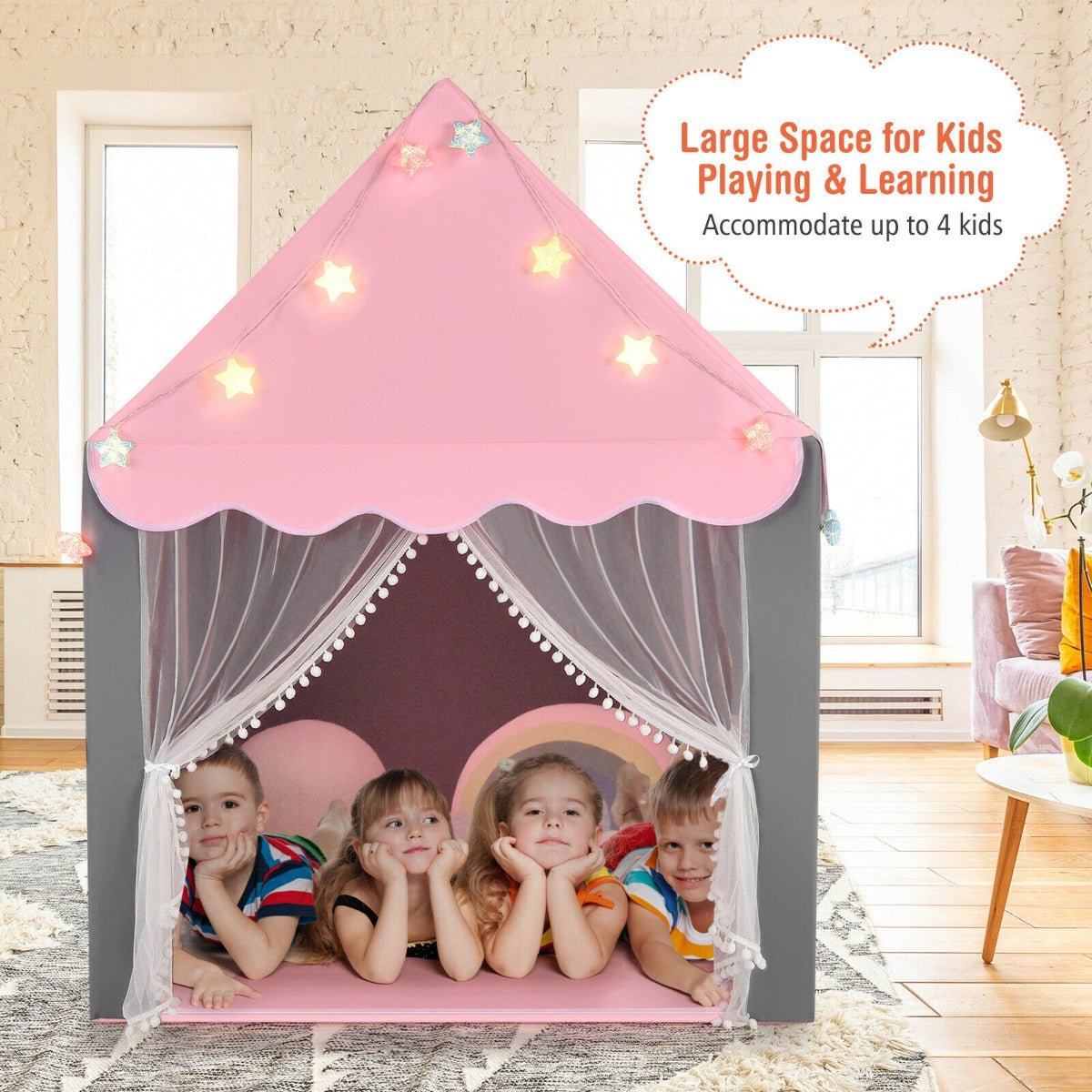 Large Kids Play House with Washable Mat and Star Lights-Pink