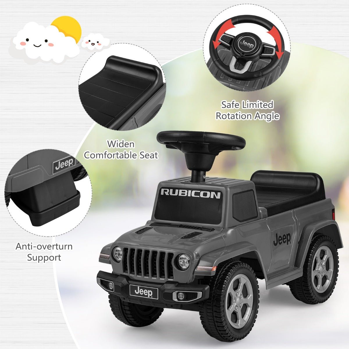 Licensed Jeep Ride On Push Car with Steering Wheel and Engine Sound for Ages 18-36 Months-Grey