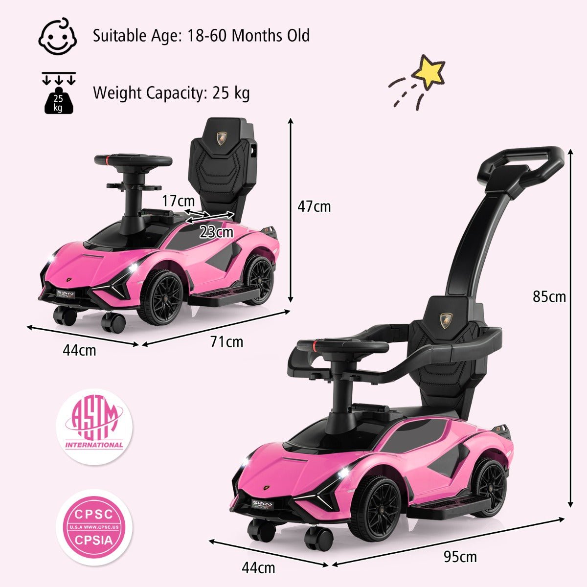 3-in-1 Ride On Push Car with Removable Guardrails and Handle-Pink