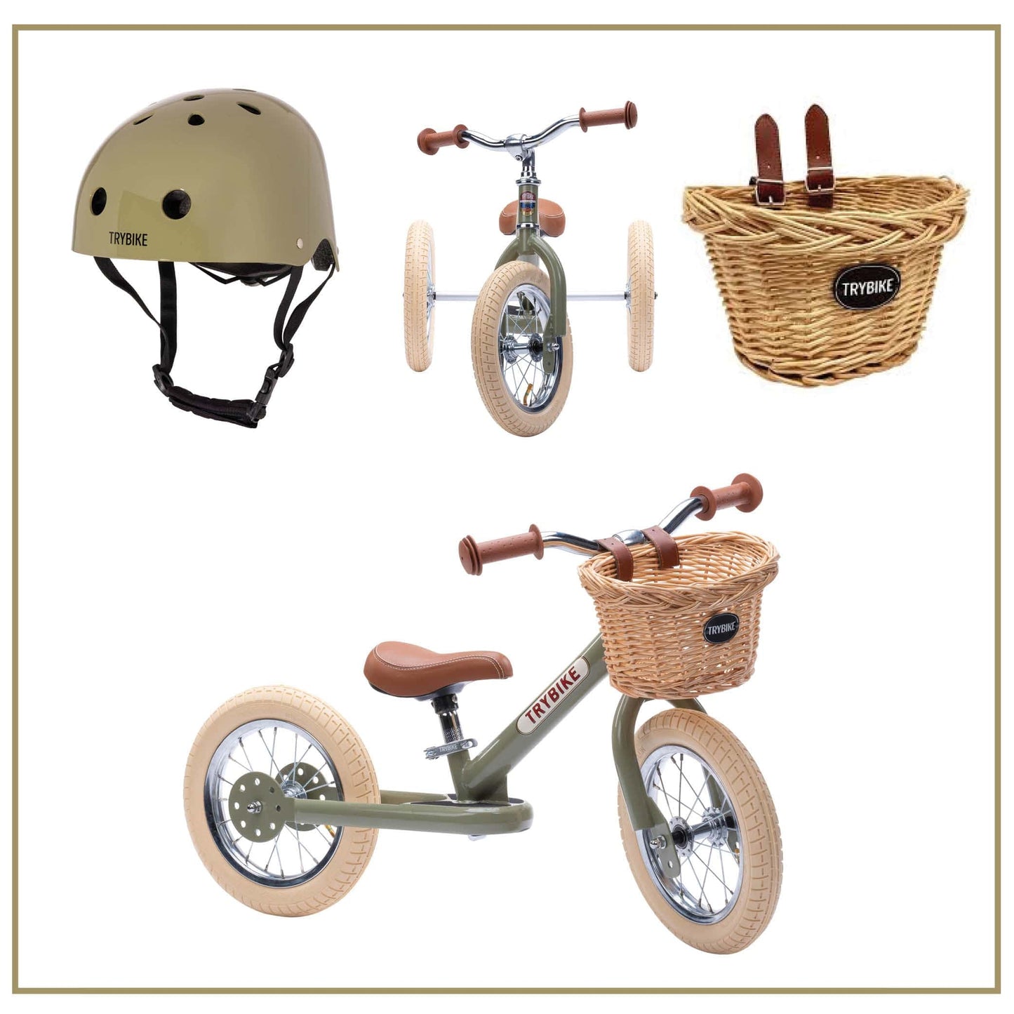TryBike Bundle - Vintage Green 2-in-1 Trike/Bike, Helmet and Basket