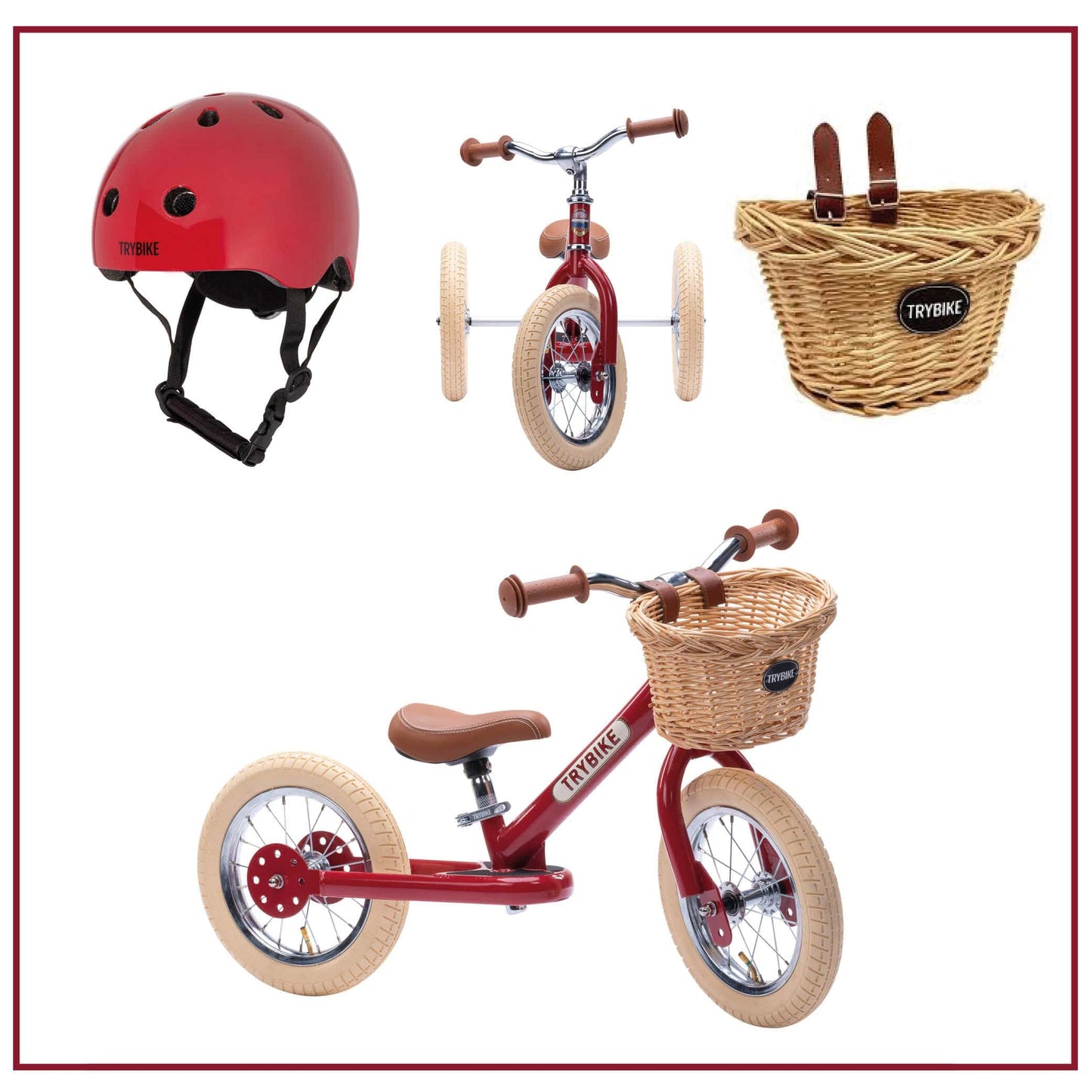 TryBike Bundle - Vintage Red 2-in-1 Trike/Bike, Helmet and Basket