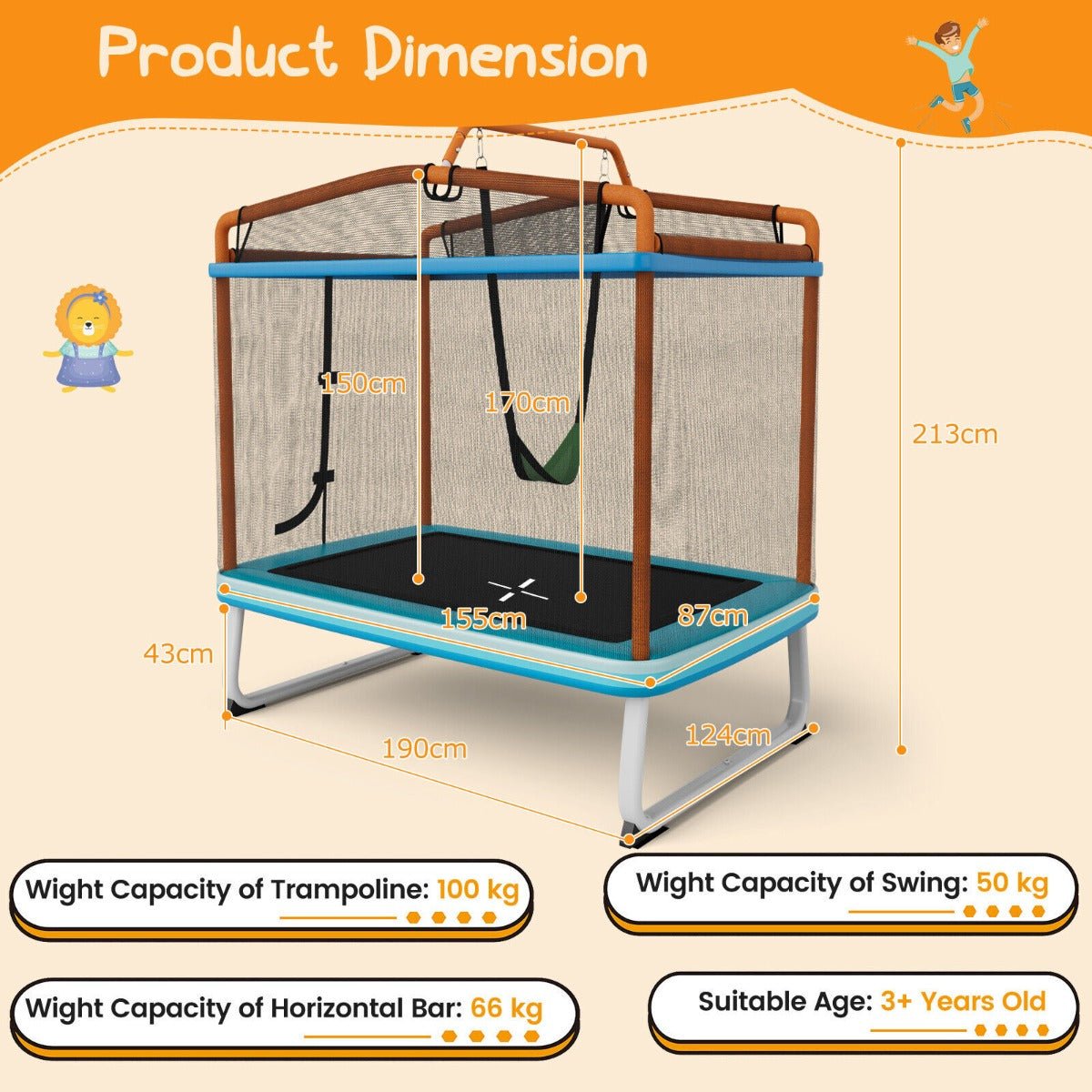 190CM 3-in-1 Kids Rectangle Trampoline with Enclosure Net and Horizontal Bar-Orange