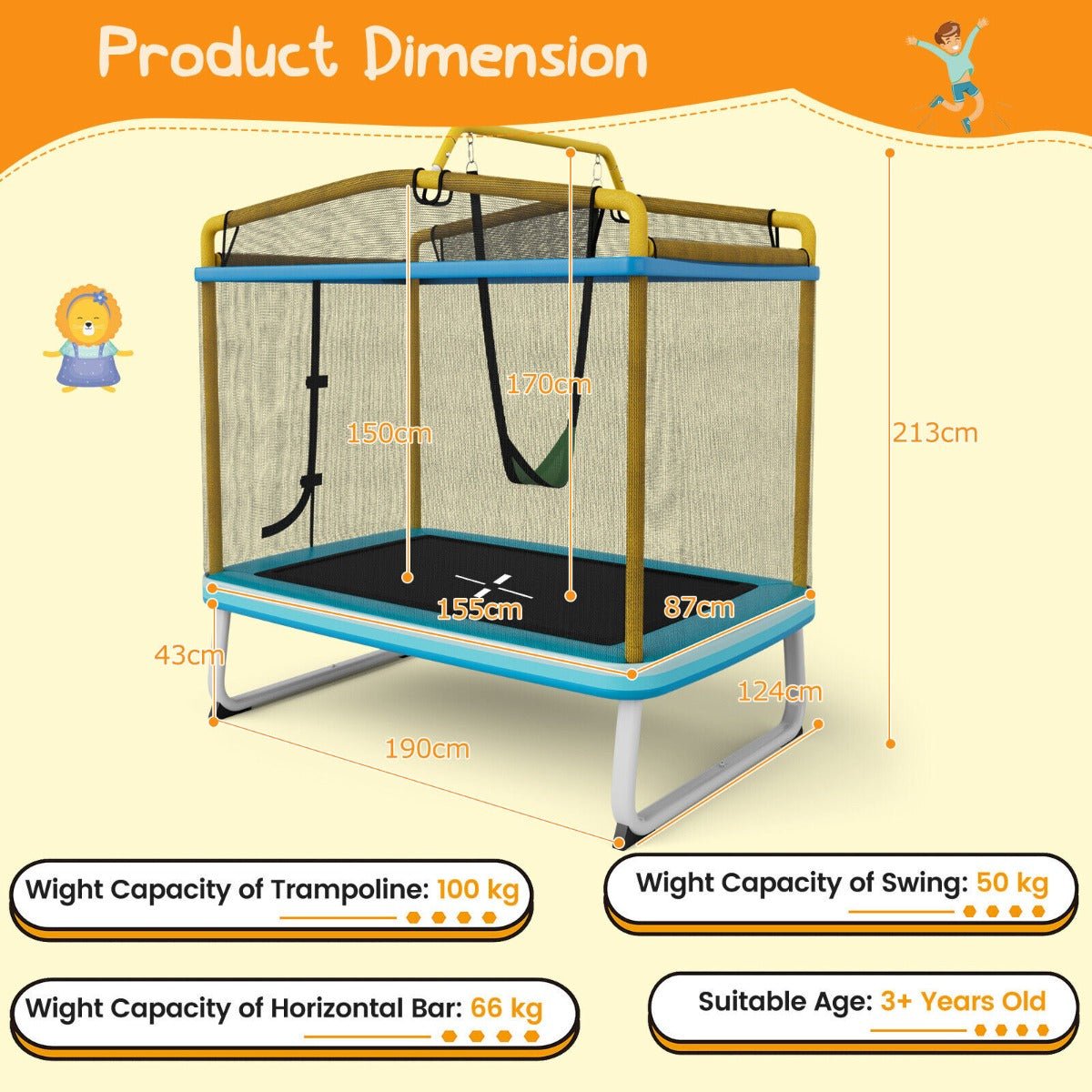 190CM 3-in-1 Kids Rectangle Trampoline with Enclosure Net and Horizontal Bar-Yellow